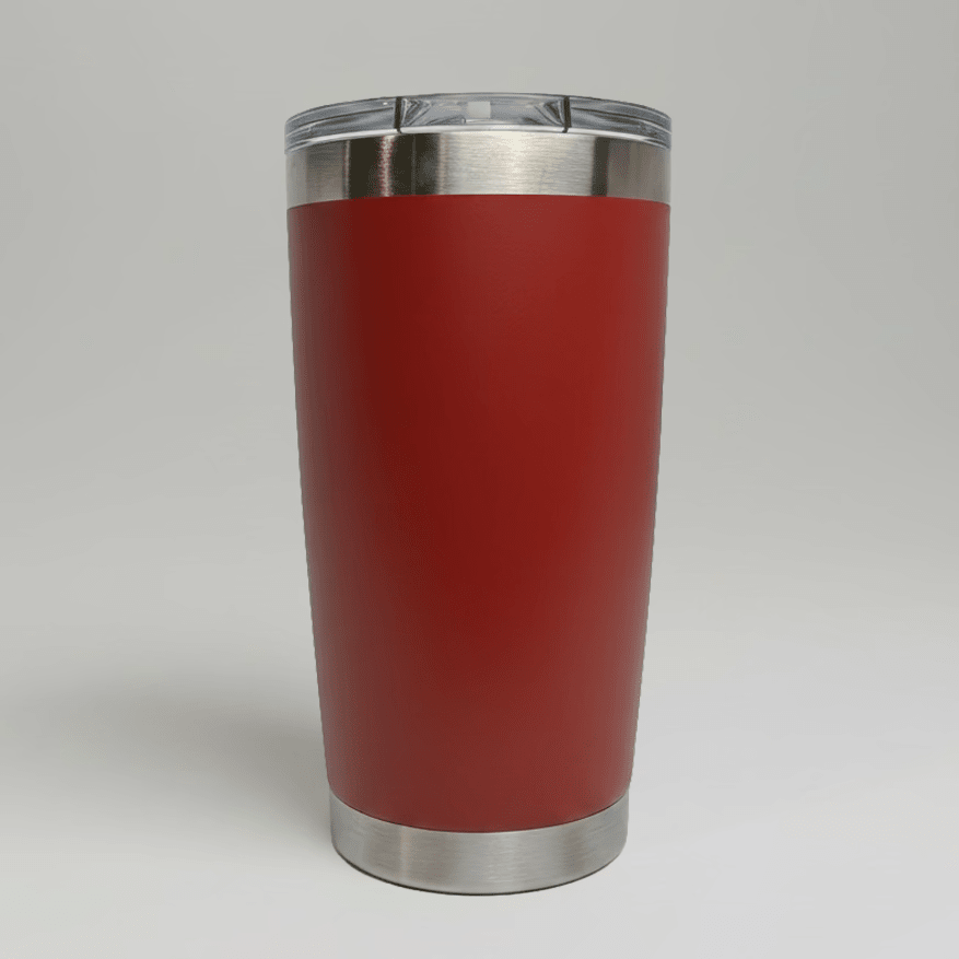 Dark Red MKR Supply 20 oz stainless steel tumbler before custom UV logo printing