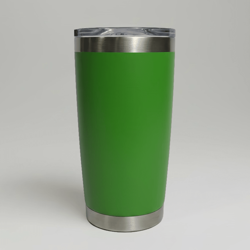 Fruit Green MKR Supply 20 oz stainless steel tumbler before custom UV logo printing