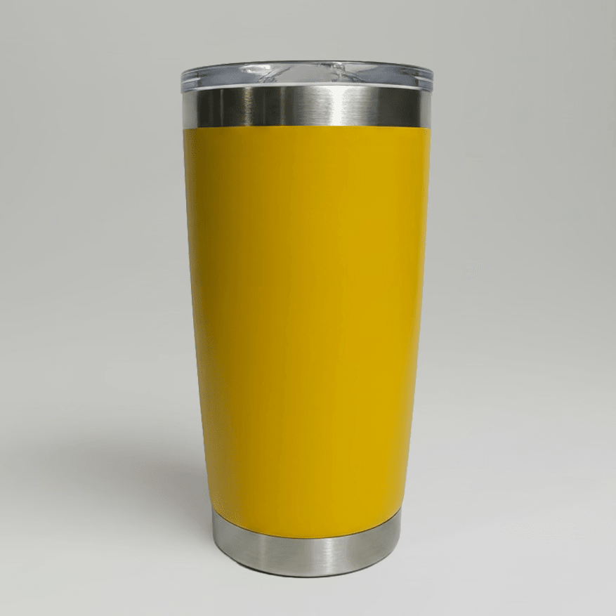 Goldenrod MKR Supply 20 oz stainless steel tumbler before custom UV logo printing