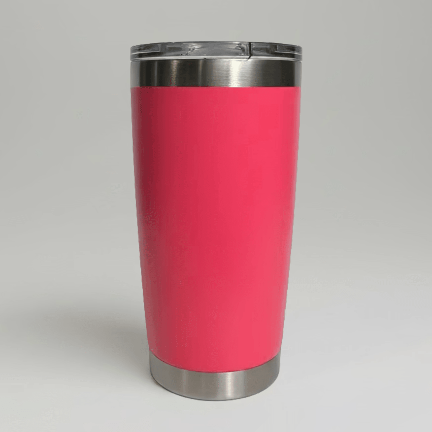 Hot Pink MKR Supply 20 oz stainless steel tumbler before custom UV logo printing