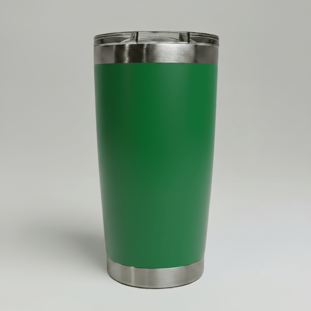Kelly Green MKR Supply 20 oz stainless steel tumbler before custom UV logo printing