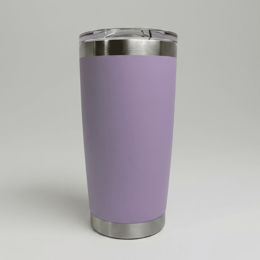 Lavender MKR Supply 20 oz stainless steel tumbler before custom UV logo printing