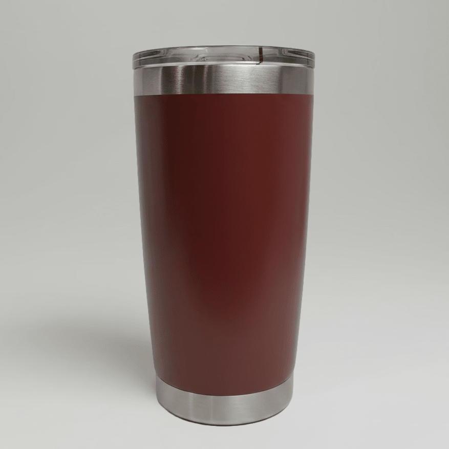 Maroon MKR Supply 20 oz stainless steel tumbler before custom UV logo printing
