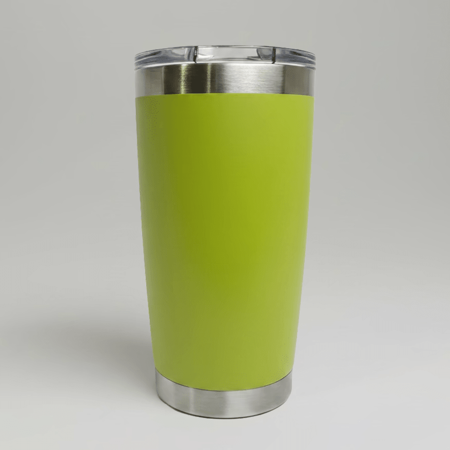 Neon Green MKR Supply 20 oz stainless steel tumbler before custom UV logo printing