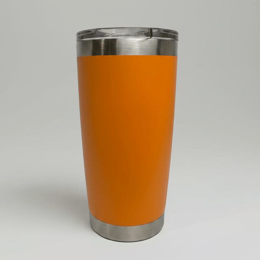 Orange MKR Supply 20 oz stainless steel tumbler before custom UV logo printing