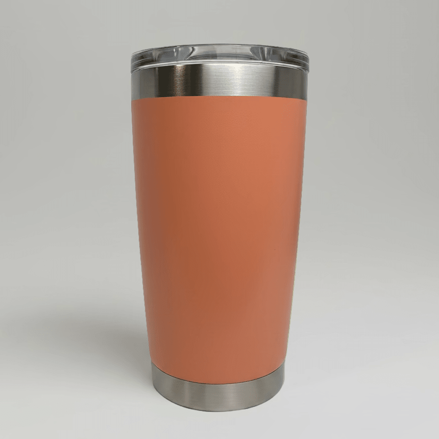 Peach MKR Supply 20 oz stainless steel tumbler before custom UV logo printing