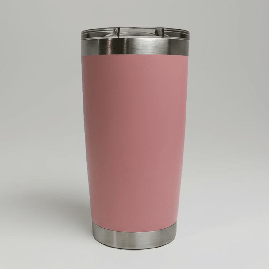 Pink MKR Supply 20 oz stainless steel tumbler before custom UV logo printing