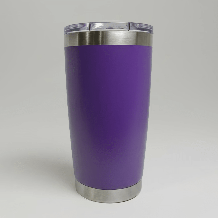 Purple MKR Supply 20 oz stainless steel tumbler before custom UV logo printing