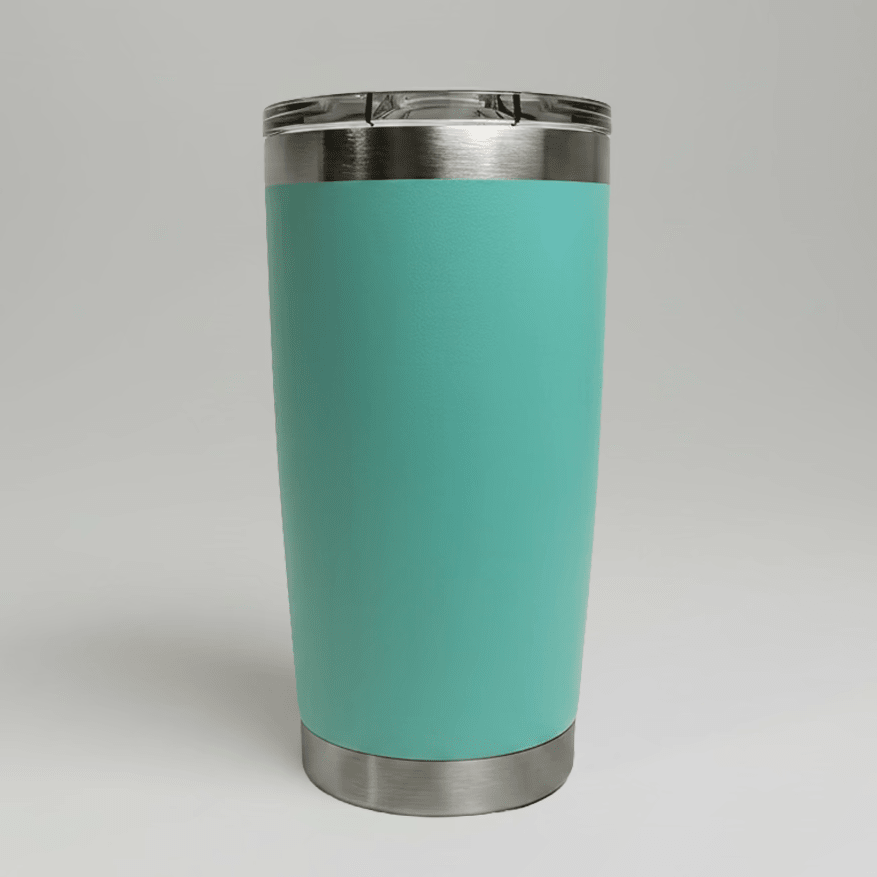 Seafoam MKR Supply 20 oz stainless steel tumbler before custom UV logo printing