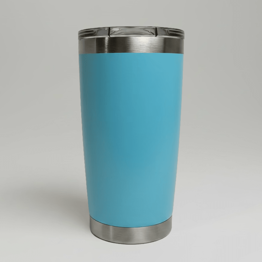 Sky Blue MKR Supply 20 oz stainless steel tumbler before custom UV logo printing