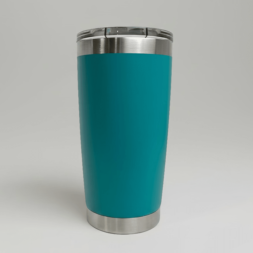 Teal MKR Supply 20 oz stainless steel tumbler before custom UV logo printing