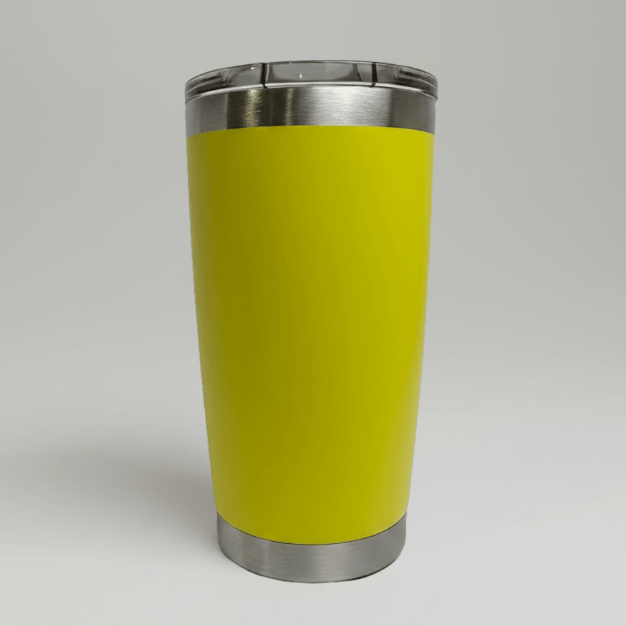 Yellow MKR Supply 20 oz stainless steel tumbler before custom UV logo printing