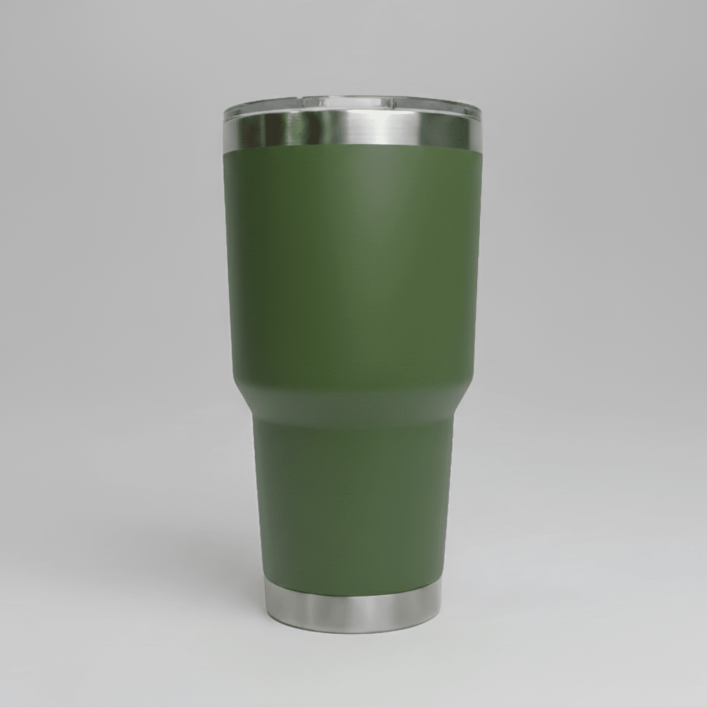 Army Green 30oz stainless steel tumbler before custom UV logo printing