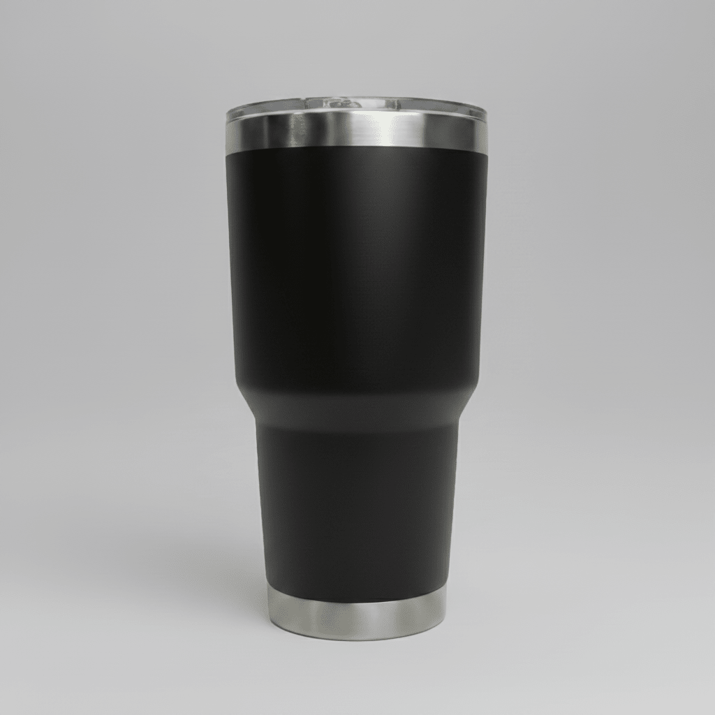 Black 30oz stainless steel tumbler before custom UV logo printing