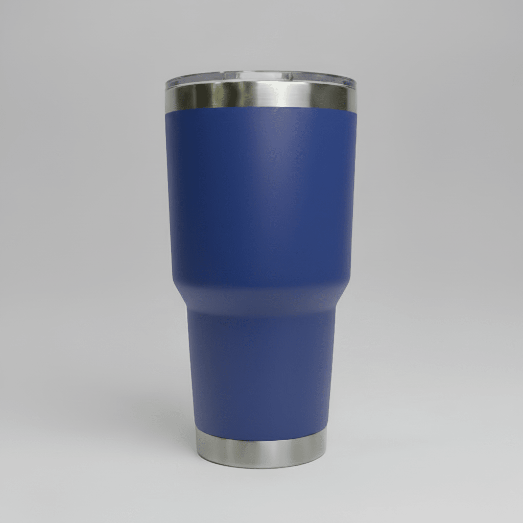 Blue 30oz stainless steel tumbler before custom UV logo printing