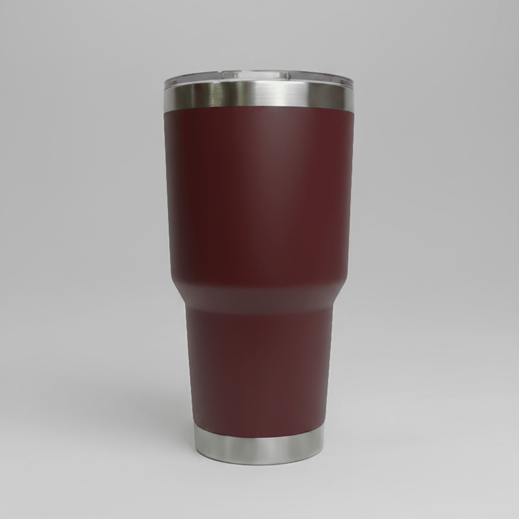 Maroon 30oz stainless steel tumbler before custom UV logo printing