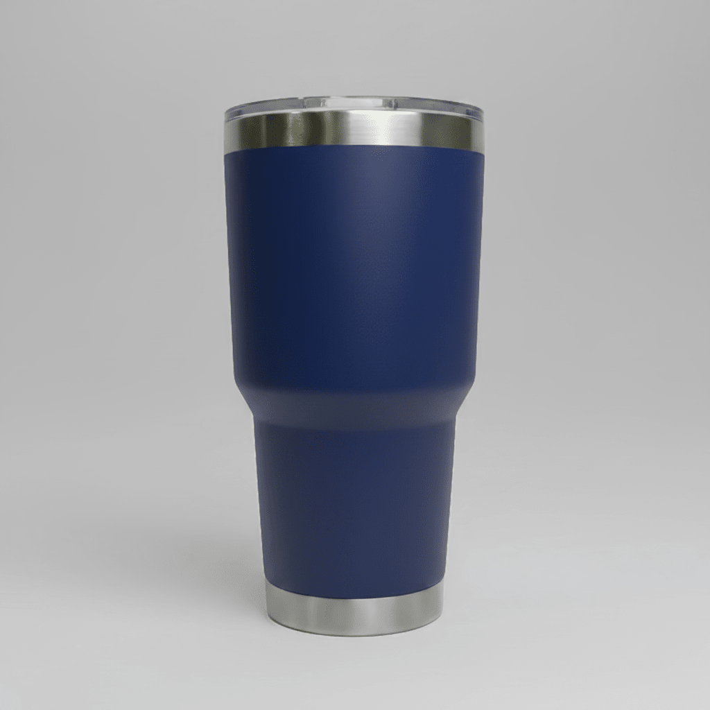 Navy 30oz stainless steel tumbler before custom UV logo printing