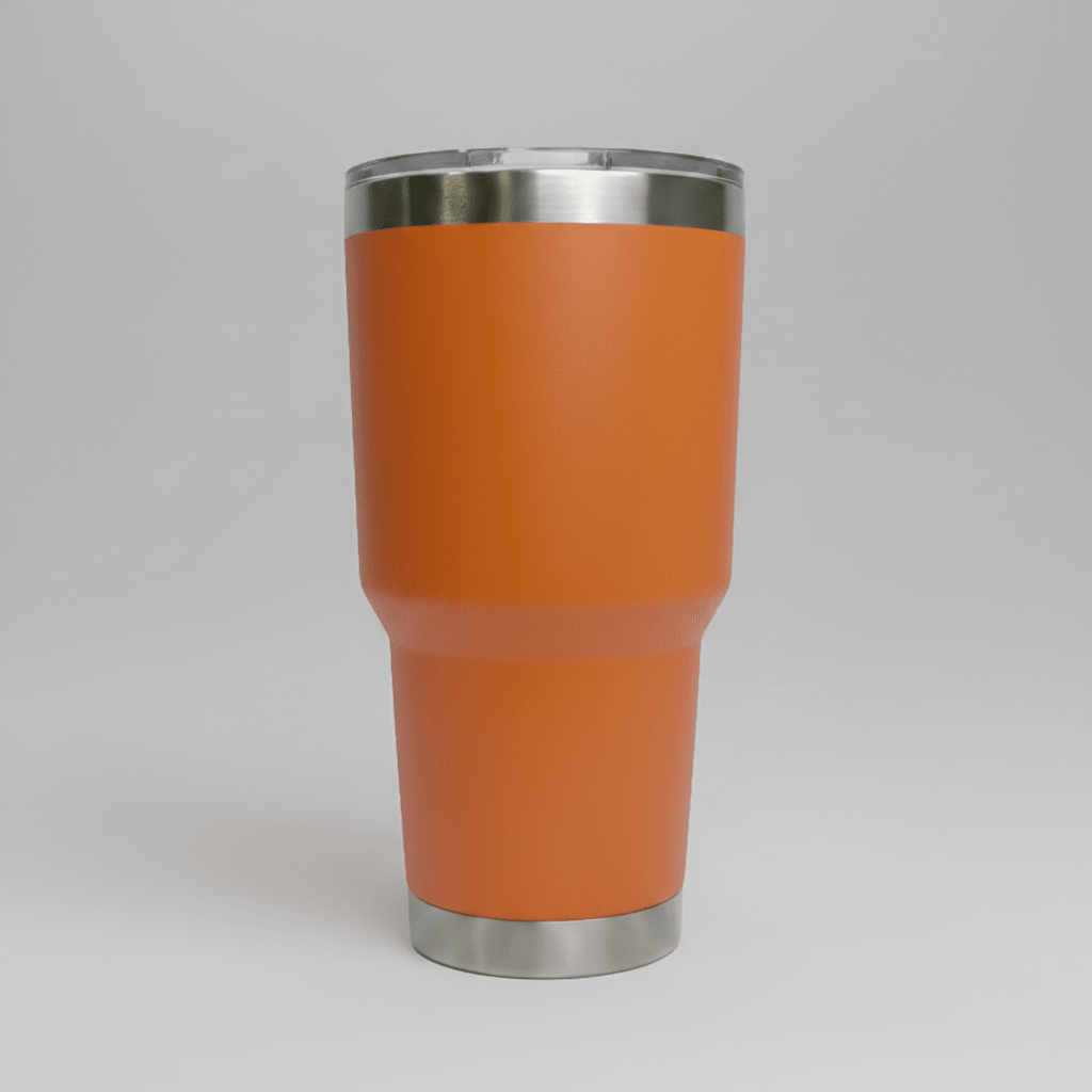 Orange 30oz stainless steel tumbler before custom UV logo printing