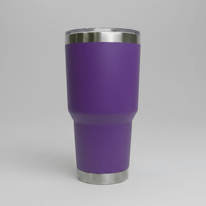 Purple 30oz stainless steel tumbler before custom UV logo printing