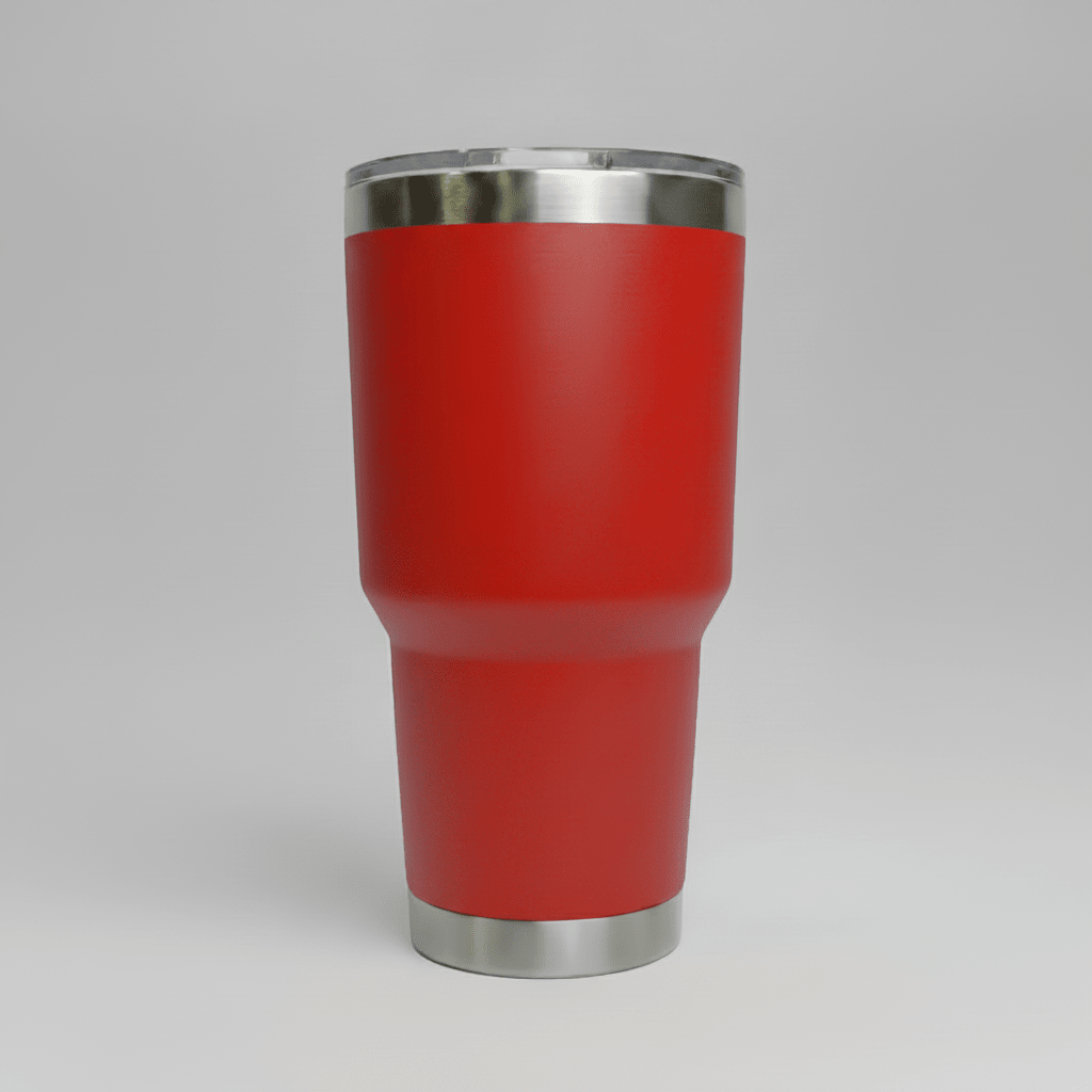 Red 30oz stainless steel tumbler before custom UV logo printing