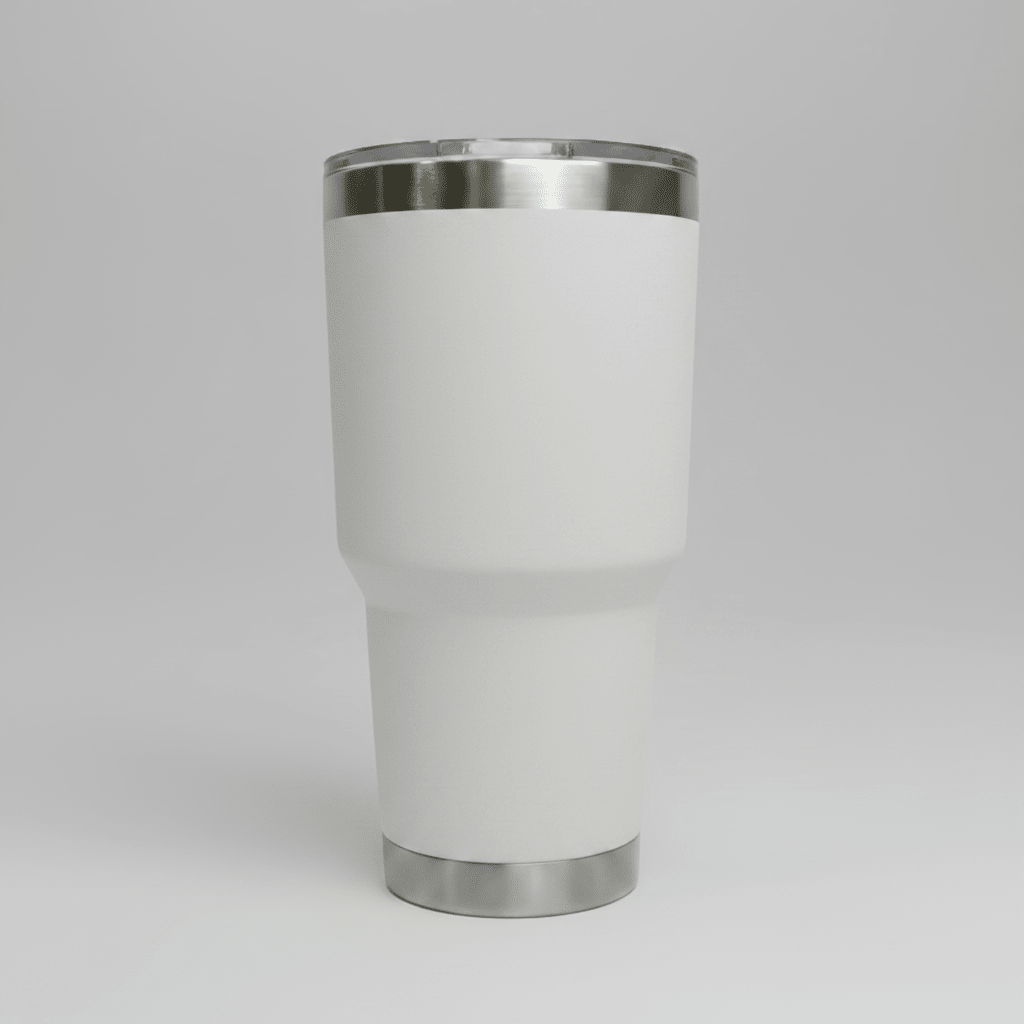 White 30oz stainless steel tumbler before custom UV logo printing