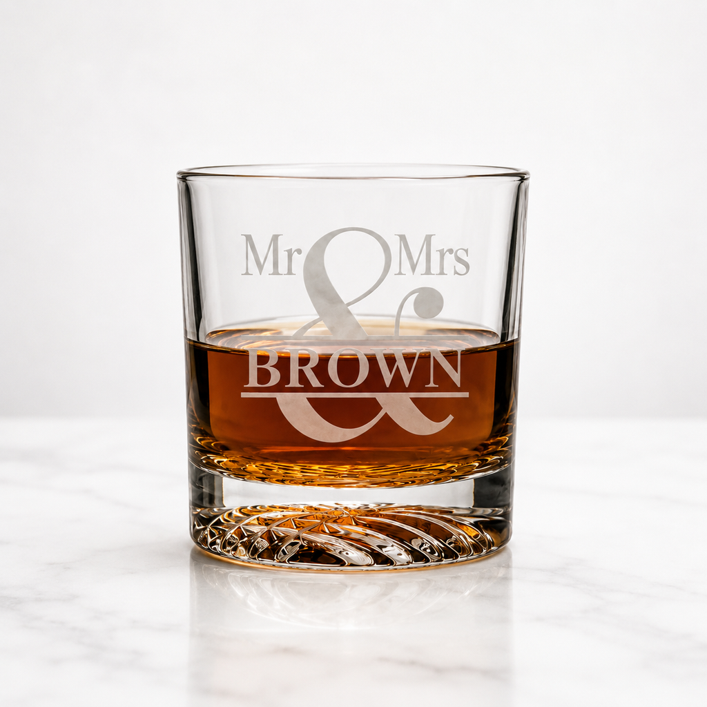 A clear engraved whiskey tumbler glass with amber liquid inside, placed on a light marble surface against a white background. The glass is etched with the words 'Mr & Mrs BROWN'.