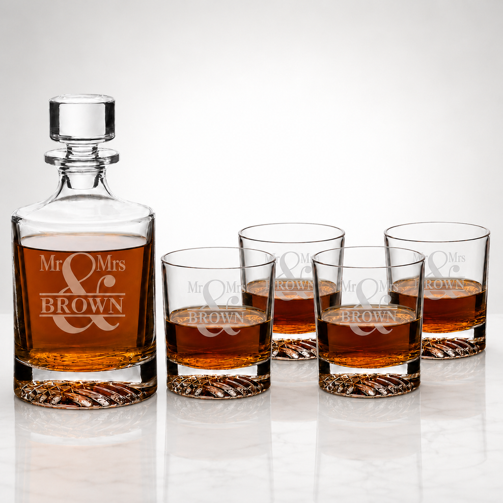 A clear glass decanter and four matching lowball glasses engraved with 'Mr. & Mrs.