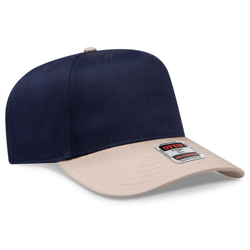 Khaki/Navy Otto 31-069 five-panel snapback cap, blank before custom embroidery