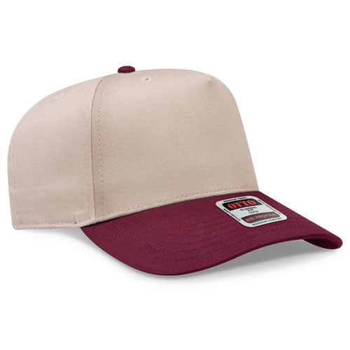 Maroon/Khaki Otto 31-069 five-panel snapback cap, blank before custom embroidery