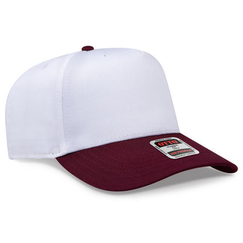 Maroon/White Otto 31-069 five-panel snapback cap, blank before custom embroidery