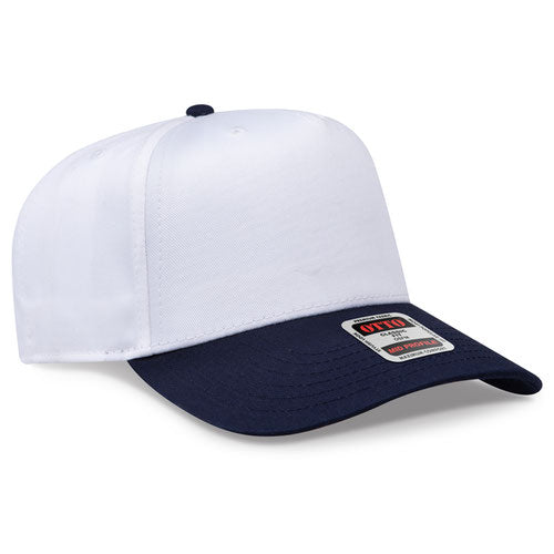 Navy/White Otto 31-069 five-panel snapback cap, blank before custom embroidery