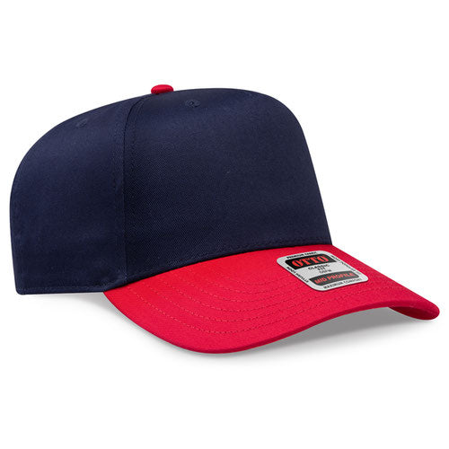 Red/Navy Otto 31-069 five-panel snapback cap, blank before custom embroidery