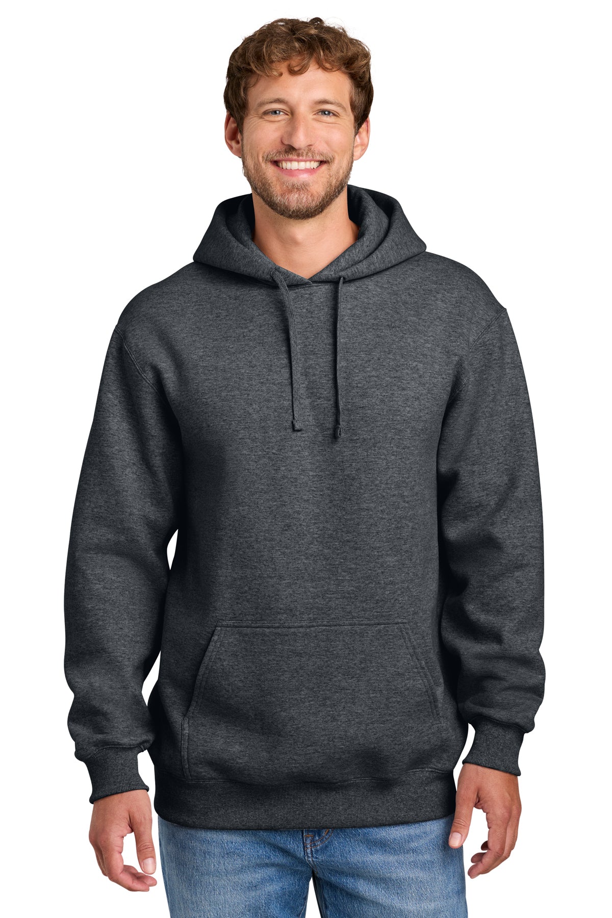 Port & Co PC107H hoodie in Dark Heather Grey, front view before customization