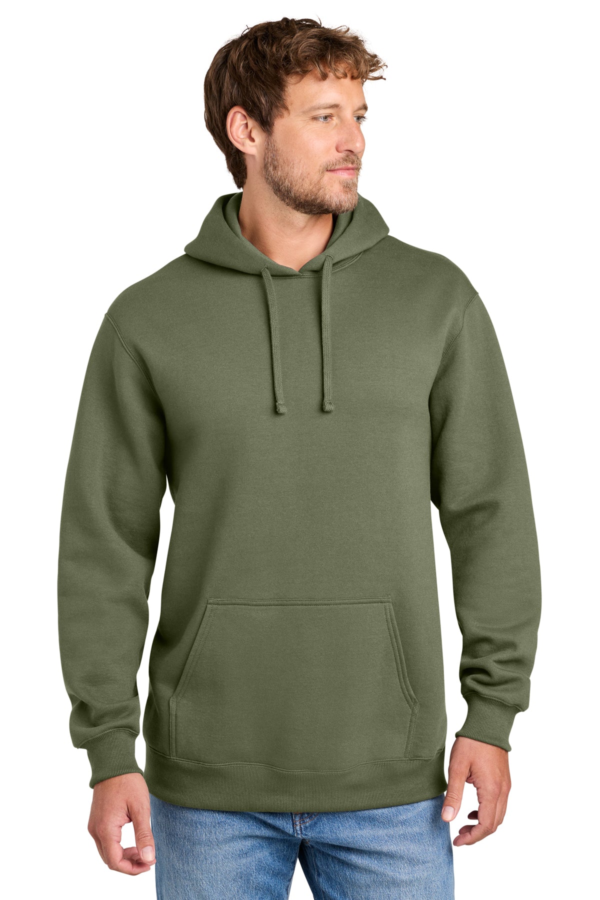 Port & Co PC107H hoodie in Olive Drab Green, front view before customization