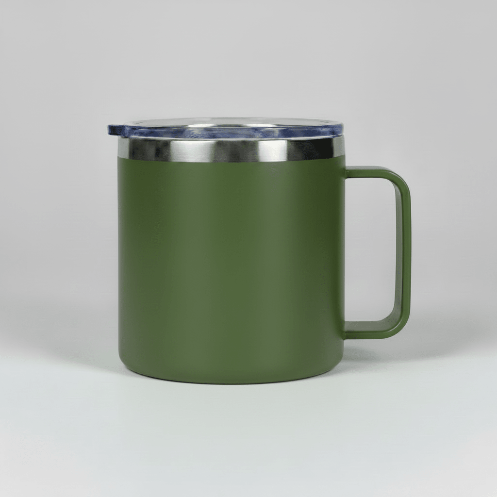 Army Green 14 oz stainless steel camping mug with handle and clear sliding lid, shown before laser engraving
