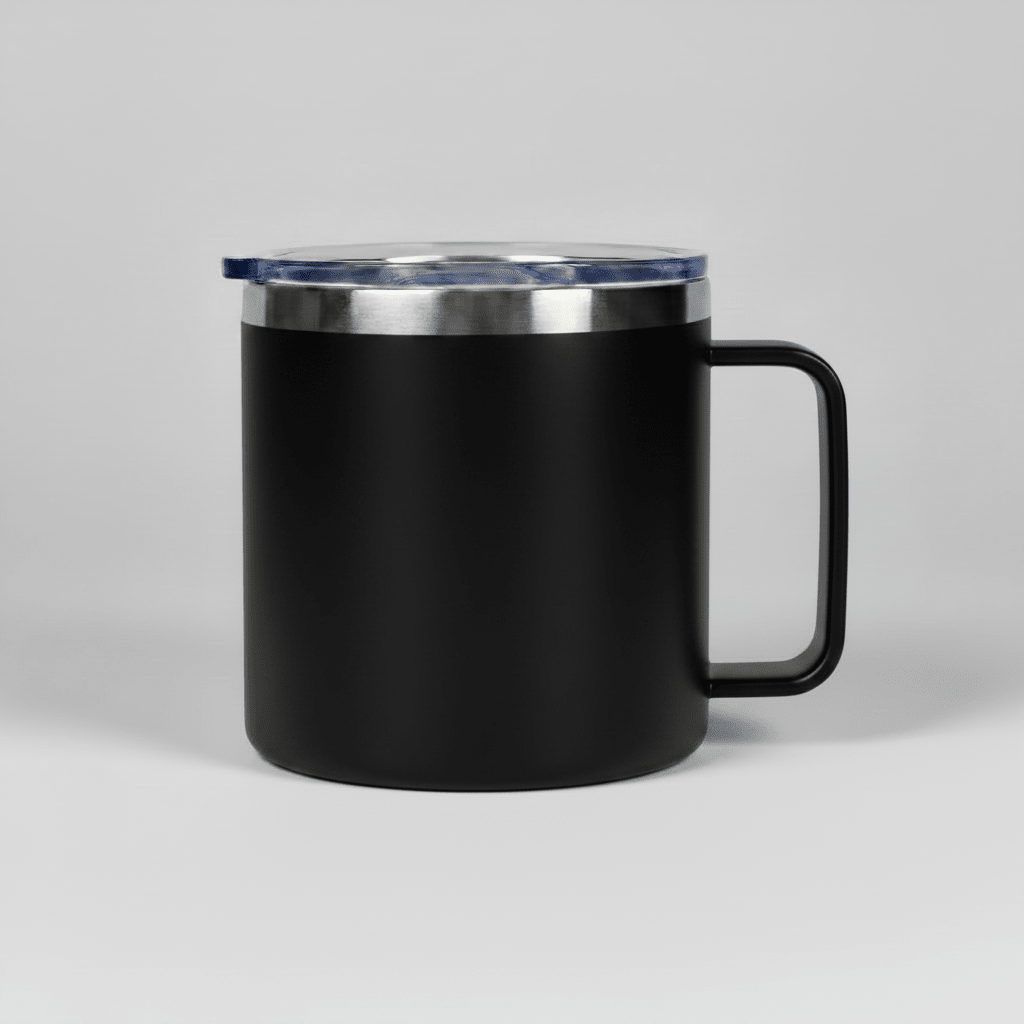 Black 14 oz stainless steel camping mug with handle and clear sliding lid, shown before laser engraving