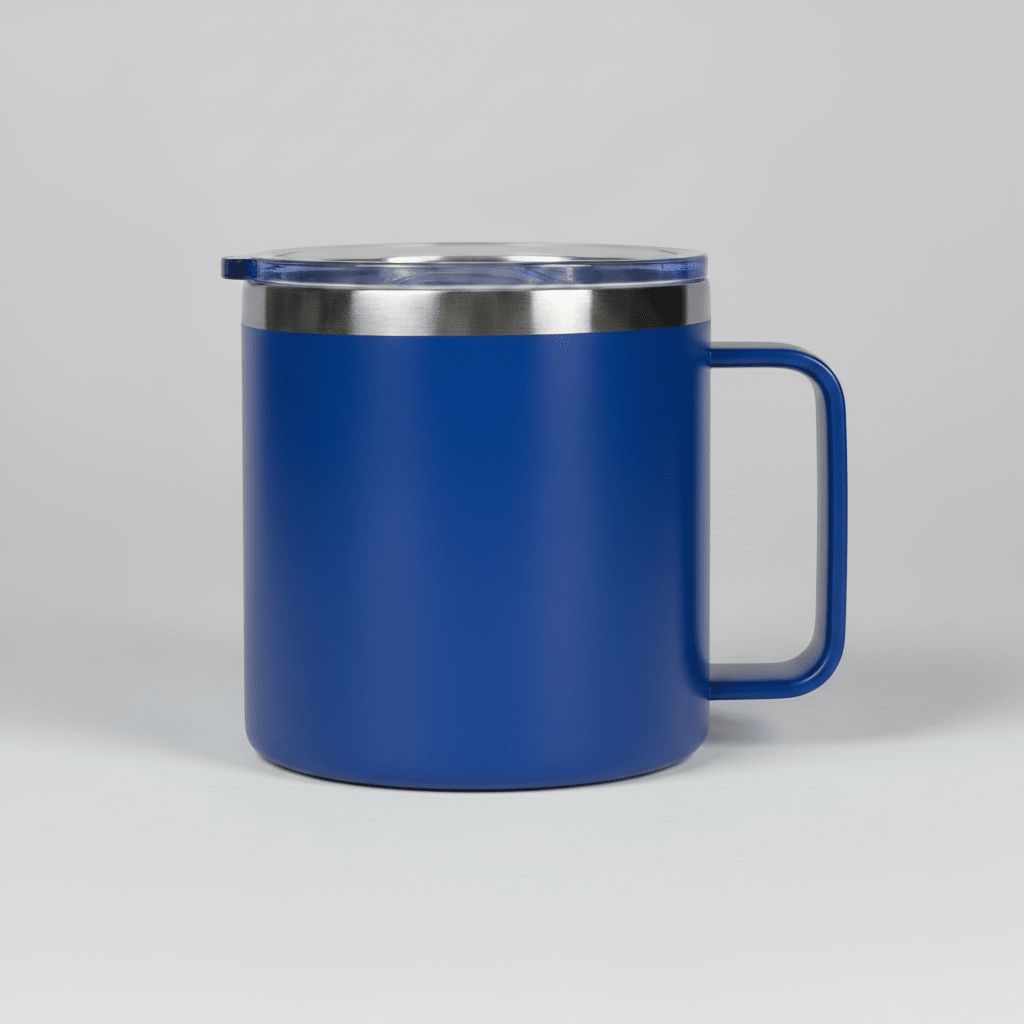 Blue 14 oz stainless steel camping mug with handle and clear sliding lid, shown before laser engraving