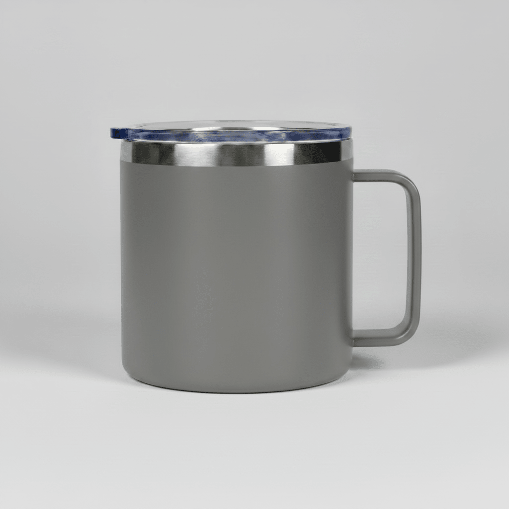 Gray 14 oz stainless steel camping mug with handle and clear sliding lid, shown before laser engraving