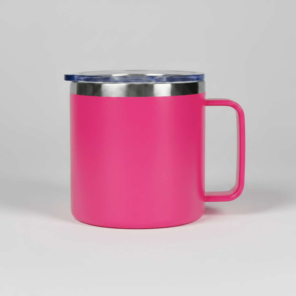 Hot Pink 14 oz stainless steel camping mug with handle and clear sliding lid, shown before laser engraving