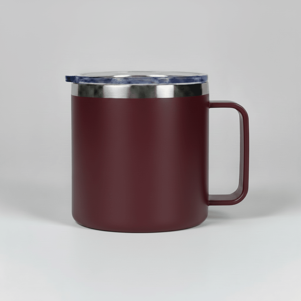 Maroon 14 oz stainless steel camping mug with handle and clear sliding lid, shown before laser engraving
