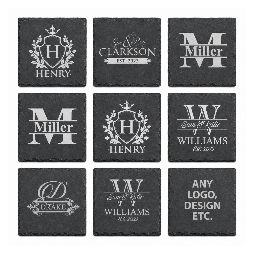 Nine square black slate coasters displaying personalized engraved monograms, family names, dates, and custom logo design options.