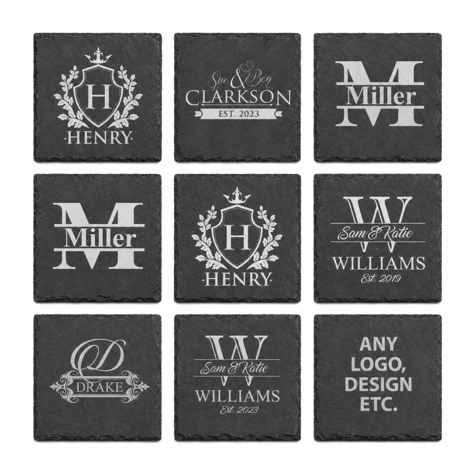 Nine square black slate coasters displaying personalized engraved monograms, family names, dates, and custom logo design options.
