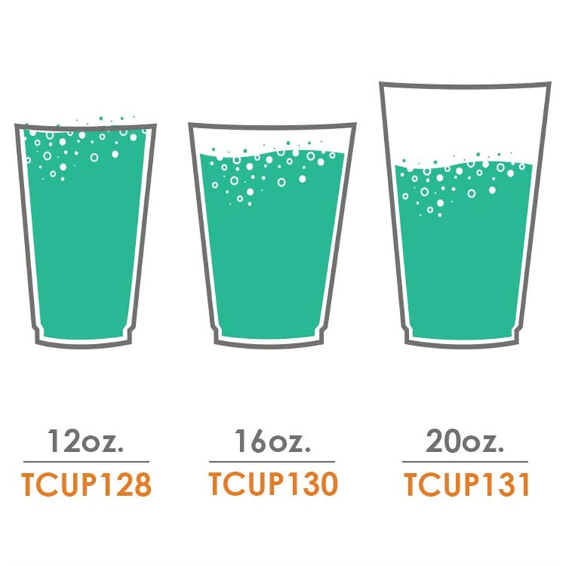 Plastic cup size comparison showing 12 oz, 16 oz, and 20 oz cups