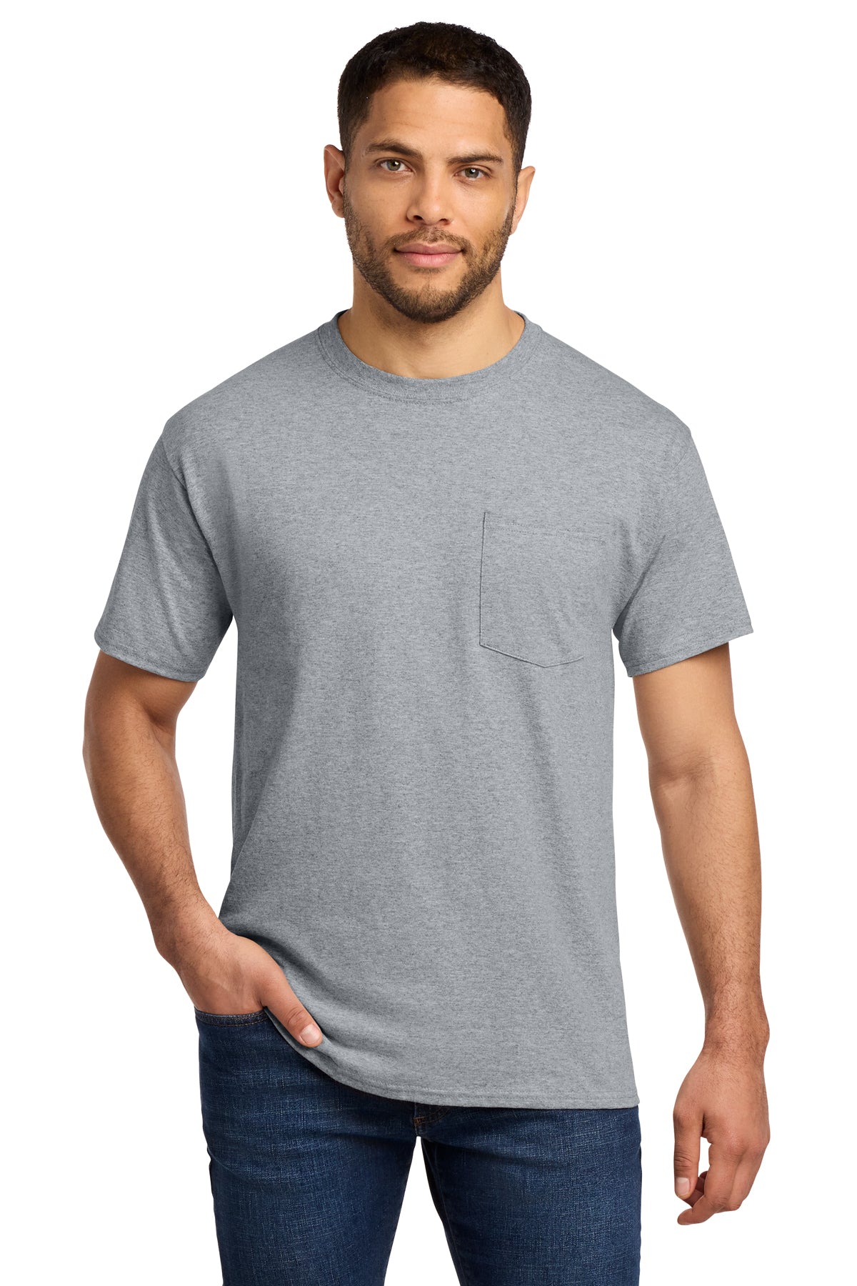 Port & Co PC61P Essential Pocket Tee in Athletic Heather — front view
