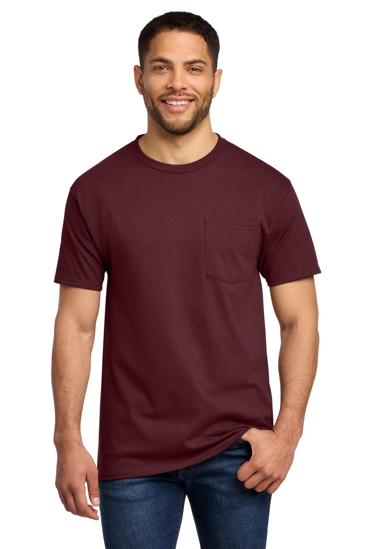 Port & Co PC61P Essential Pocket Tee in Athletic Maroon — front view