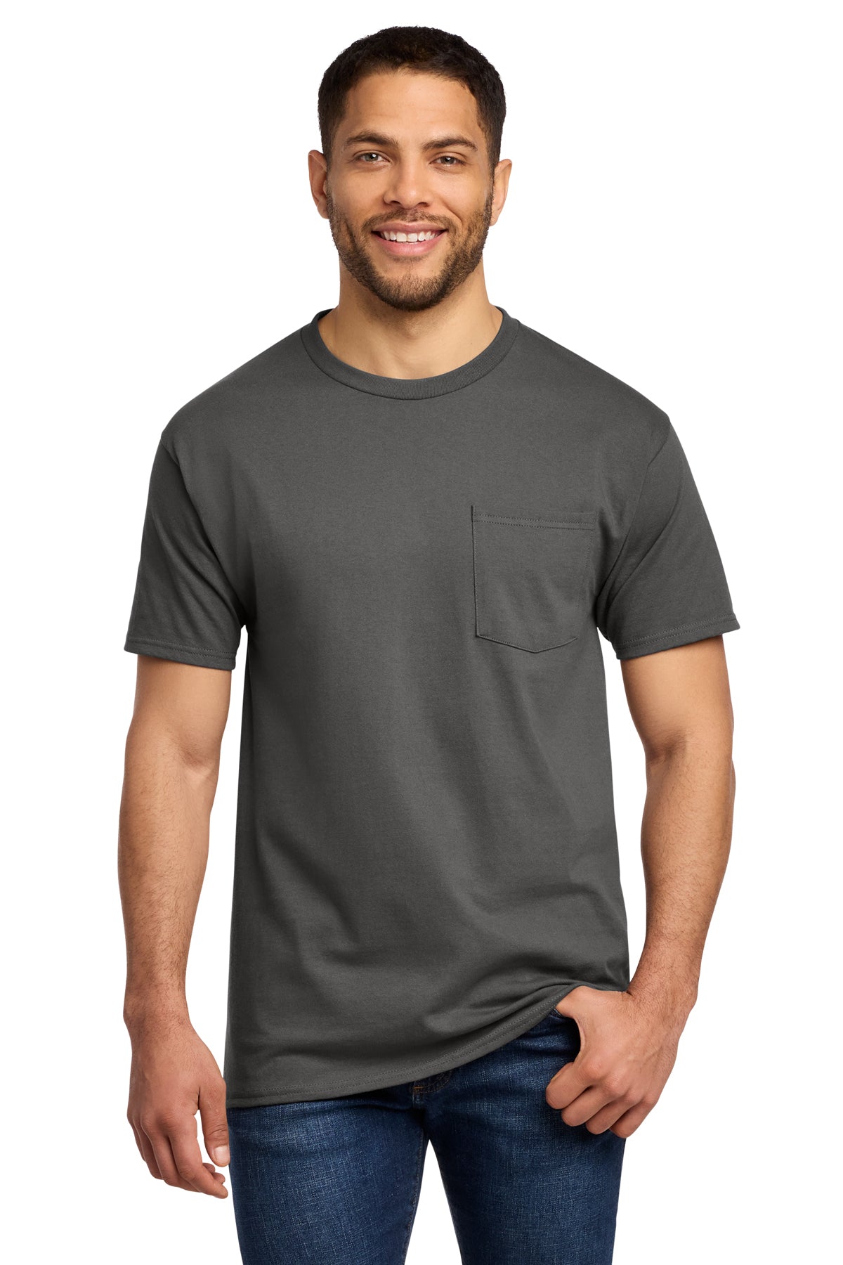 Port & Co PC61P Essential Pocket Tee in Charcoal — front view