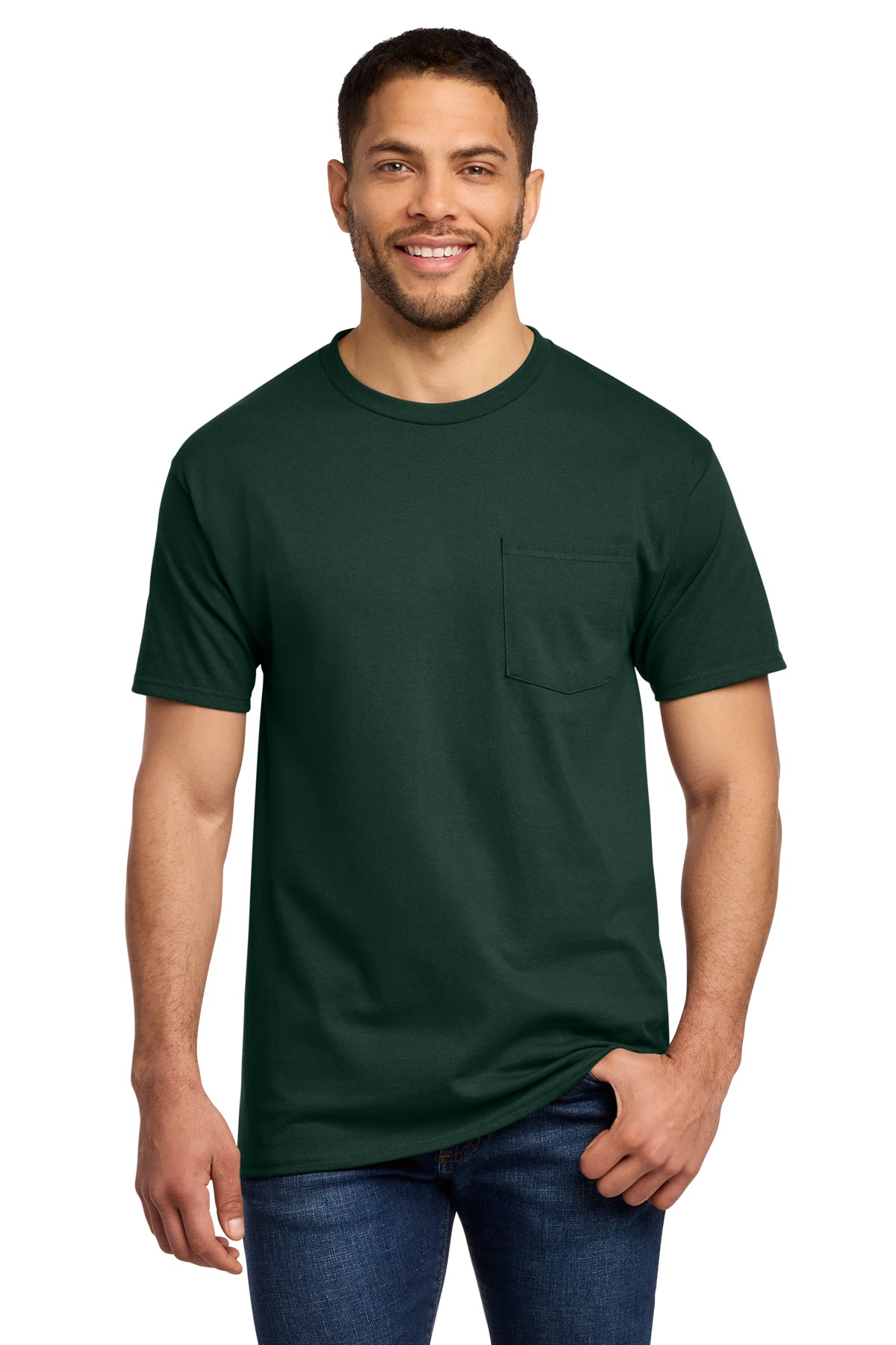 Port & Co PC61P Essential Pocket Tee in Dark Green — front view