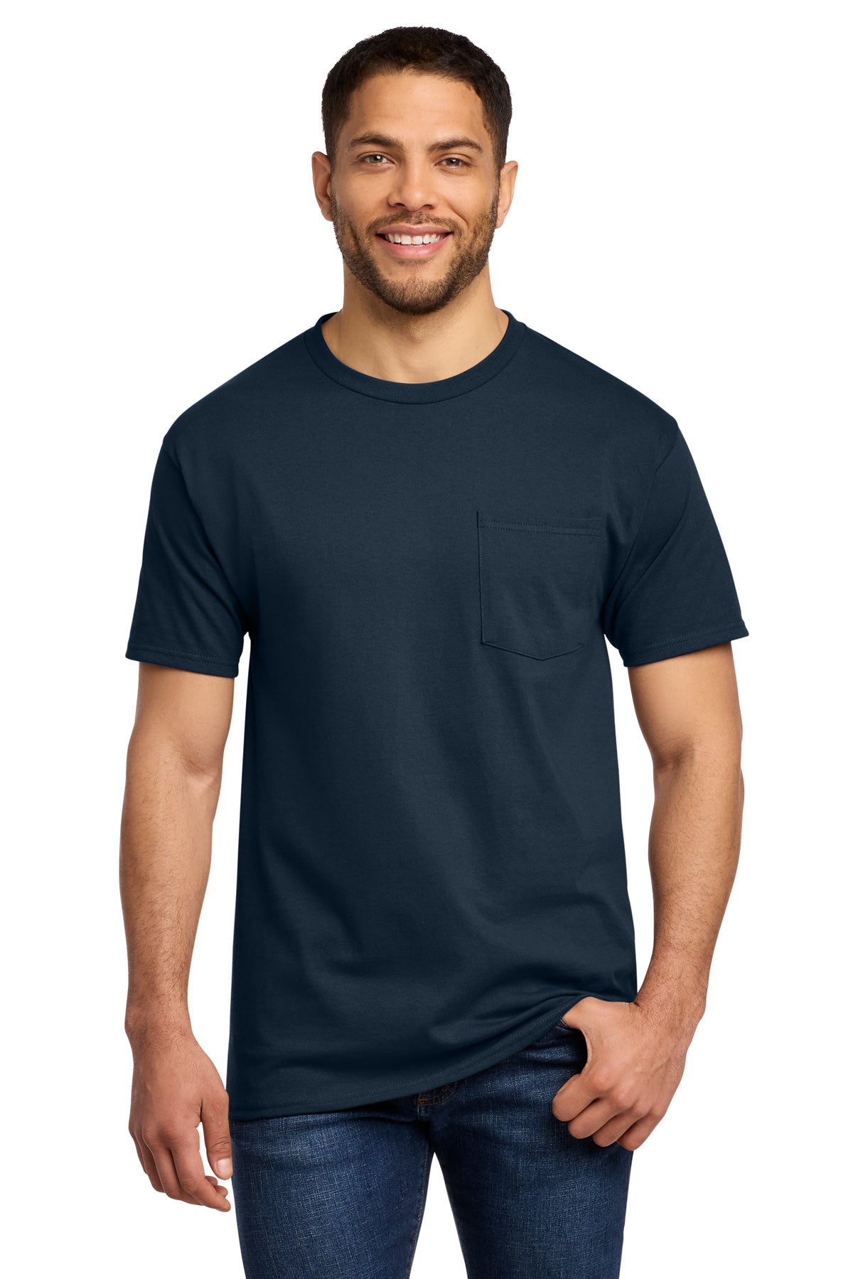 Port & Co PC61P Essential Pocket Tee in Deep Navy — front view