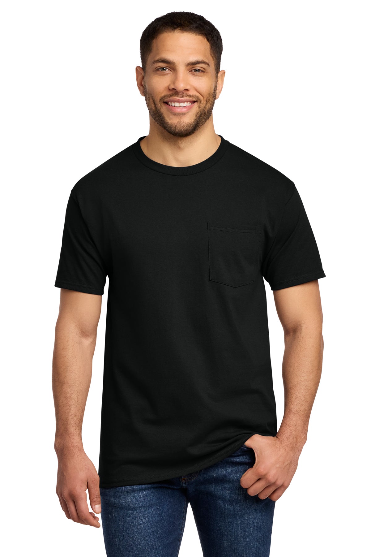 Port & Co PC61P Essential Pocket Tee in Jet Black — front view