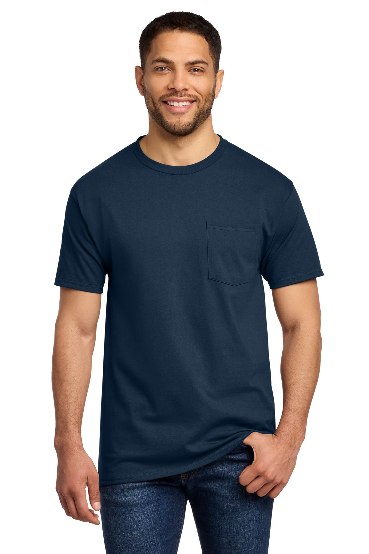 Port & Co PC61P Essential Pocket Tee in Navy — front view